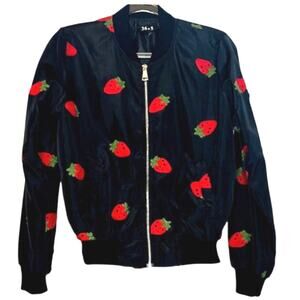 36.5 Strawberry Appliqué Black Bomber Jacket Lightweight Cropped Fit